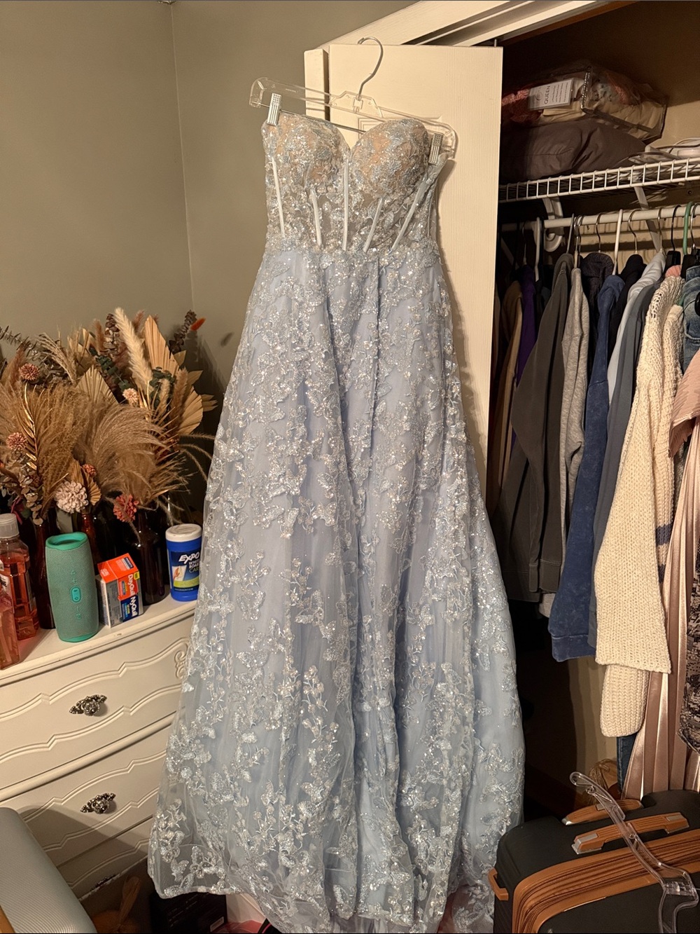 Sherri Hill Light Blue Lace Appliqué Prom Gown (never worn)